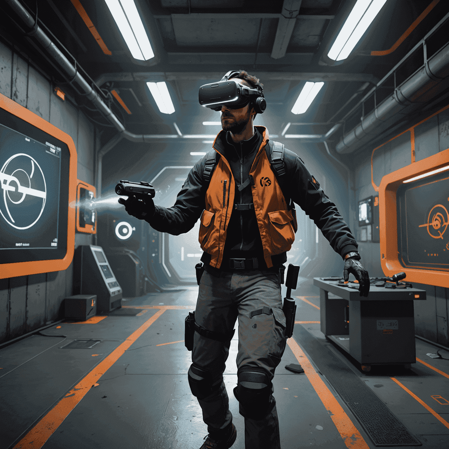 A player using VR controllers to interact with the Half-Life: Alyx - Levitation environment, showing detailed graphics and physics-based gameplay