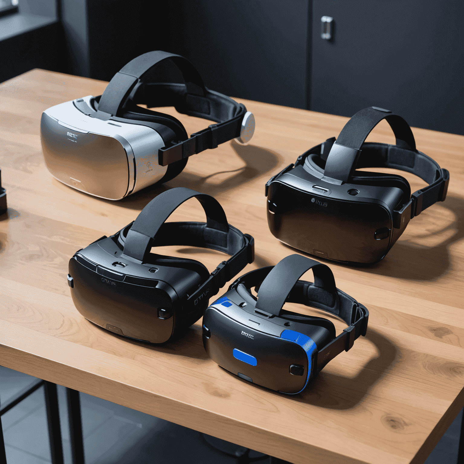 Three VR headsets (Oculus, HTC Vive, and PlayStation VR) displayed side by side on a sleek table, showcasing their distinct designs and features