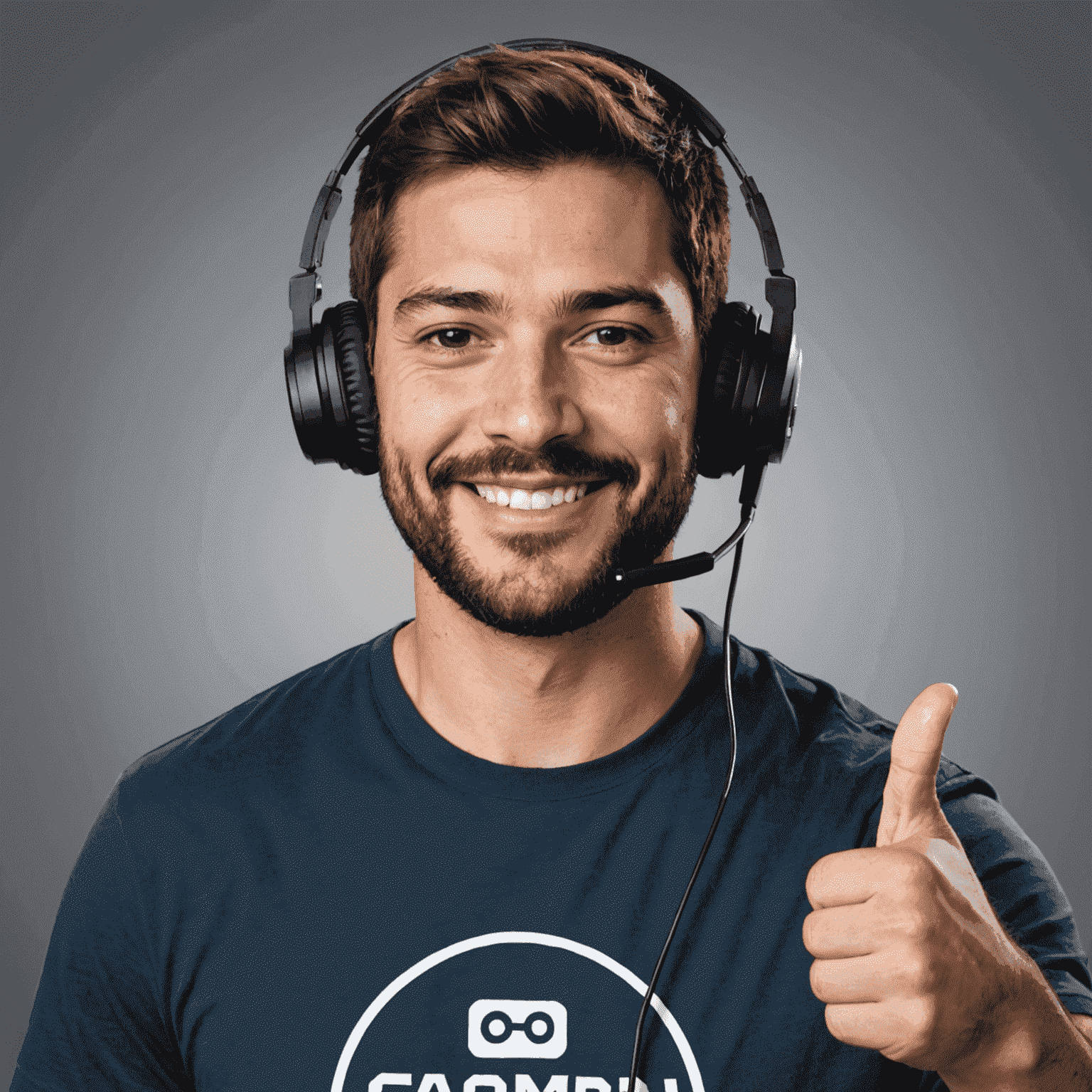 A professional headshot of Mike Rodriguez, a man in his late 20s with brown hair and a short beard, wearing a gaming headset and a casual t-shirt, giving a thumbs up to the camera