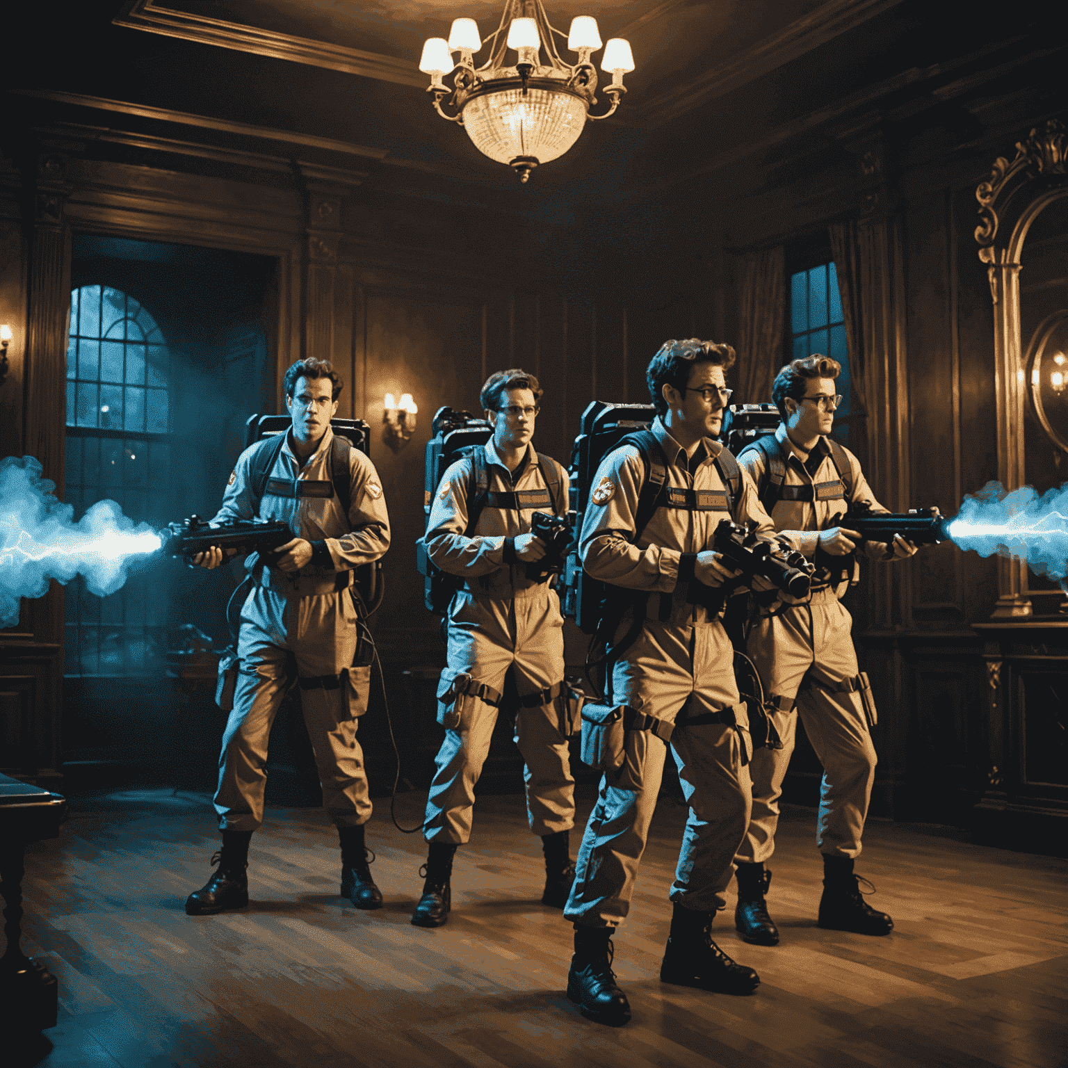 Four players in Ghostbuster uniforms using proton packs to capture a large, spectral entity in a haunted mansion setting