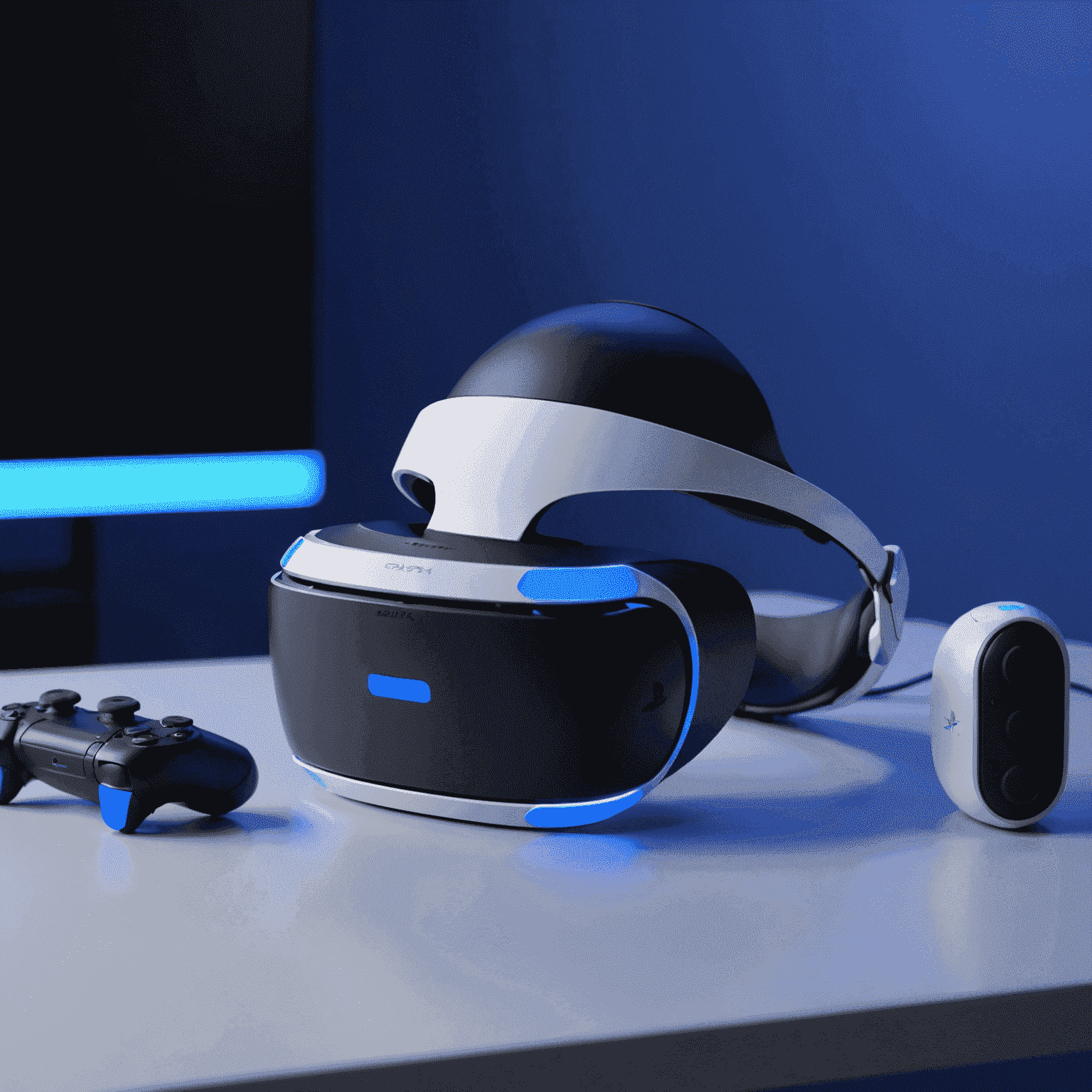 PlayStation VR headset with its futuristic blue lighting, positioned next to a PS5 console and controller