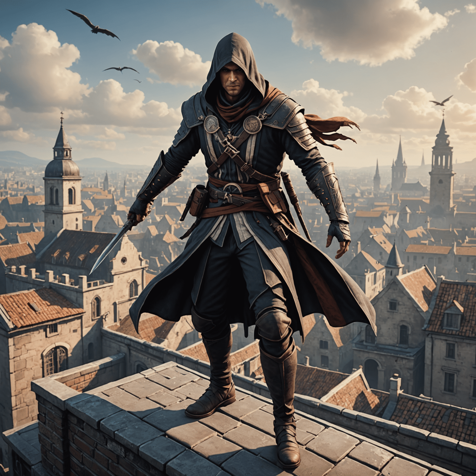 A player character in Assassin's robes perched on a rooftop in a detailed historical city, preparing to perform a leap of faith